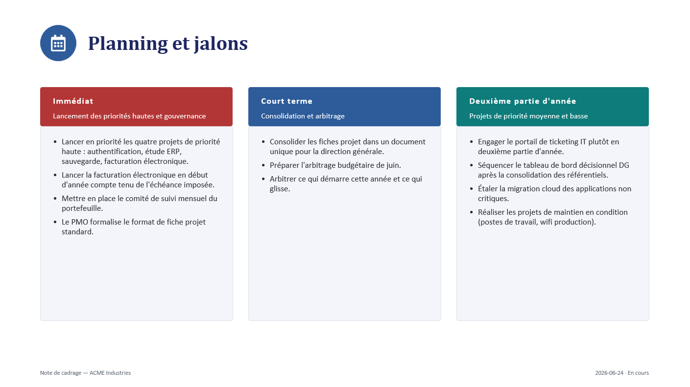 Slide planning et jalons d'une note de cadrage générée par Delivantis.